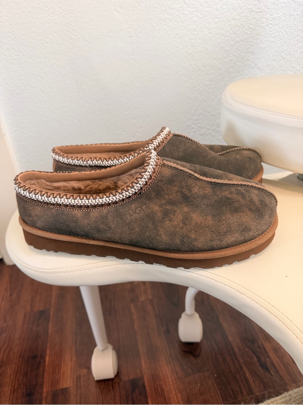 UGG Tasman Brown Suede Shearling-Lined Slip-On Clog | Baxter Suede